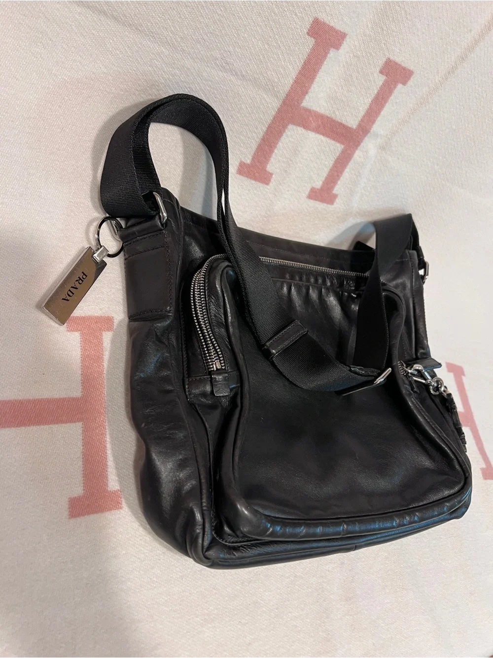Prada⭐️Black Leather Messenger Bag with Silver Hardware!